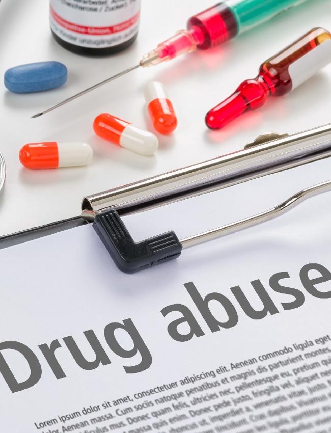 Photos of pharmaceutical pills, injections and drug abuse documents